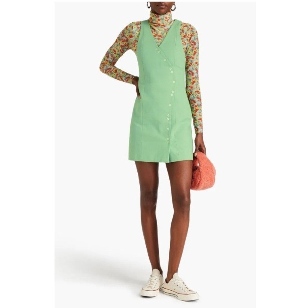 GANNI Women's Size 38 Cotton Mini Dress Green Snap Up Sleeveless Organic Cotton